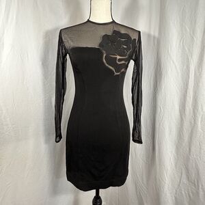 Vtg Caché Rose Applique Black Mesh Bodycon Mini Dress 80s 90s USA Made Size XS